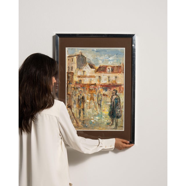 This 20th century signed oil on panel impressionist street scene in passe-partout from France is matted in cream and...