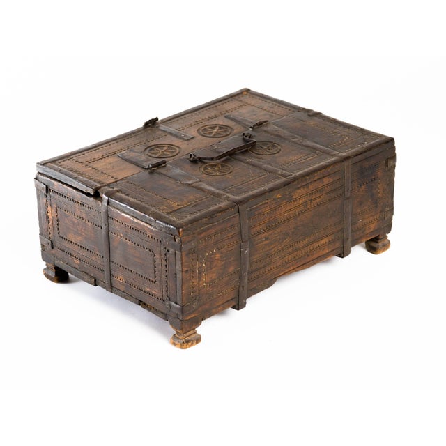 Early 20th Century Indian Carved Wood & Wrought Iron Storage Chest Box