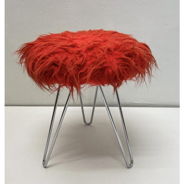 Tripod Fluffy Stool on Chromed Steel Hairpin Legs, 1950s For Sale - Image 10 of 12
