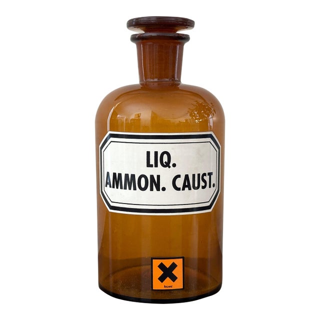 1930s German Amber Glass Apothecary Bottle – Liq. Ammon. Caust., 8-3/4" W/ Stopper - Large For Sale