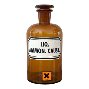 1930s German Amber Glass Apothecary Bottle – Liq. Ammon. Caust., 8-3/4" W/ Stopper - Large