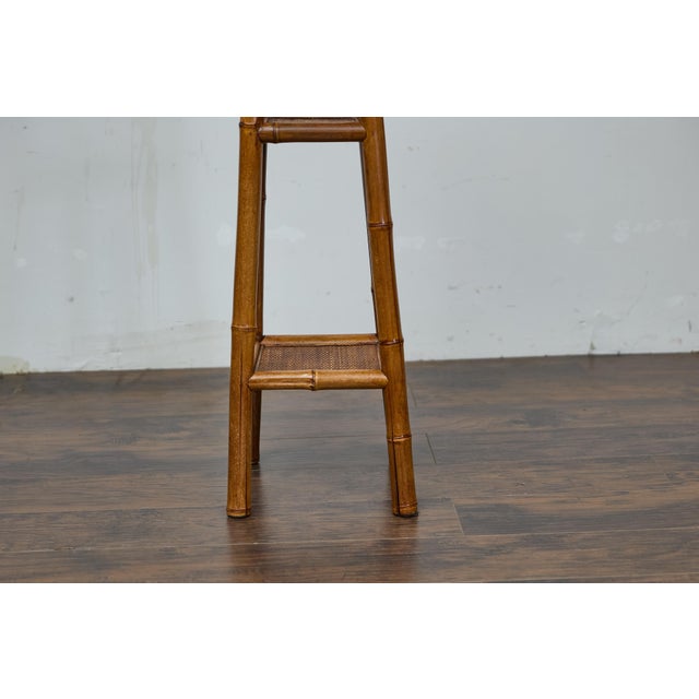 Early 20th Century Rustic 1920s English Walnut Faux Bamboo Stand with Rattan Top and Two Shelves For Sale - Image 5 of 12