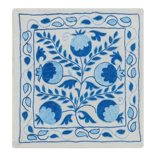 Suzani Textile Hand Embroidery Silk Cushion Cover in Light Blue & Ivory. 17"x18" For Sale
