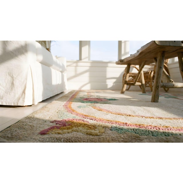 Interesting Tan Beige With Unique Oval and Florid Design Antique American Hooked Rug For Sale - Image 10 of 10