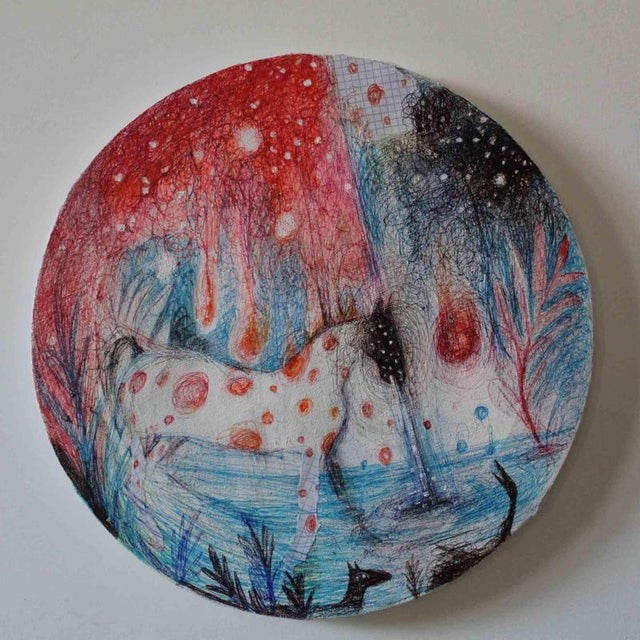 Pen on round canvas. Certificate of authenticity by the Artist. This piece is attributed to the mentioned designer/maker....