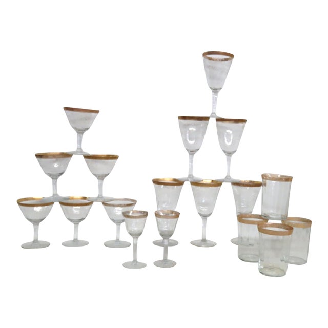 Late 20th Century Paneled Glassware Set Gold Border Crystal Goblets Etched Floral Motif - 18 pcs For Sale