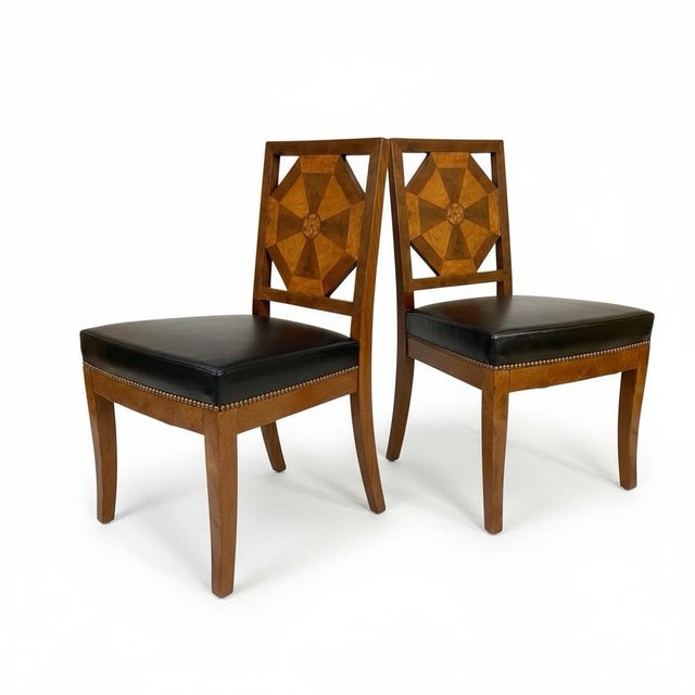 Late 19th Century 19th-C. Inlaid Biedermeier Style Side Chairs - Black Leather Upholstery -Pair For Sale - Image 5 of 7