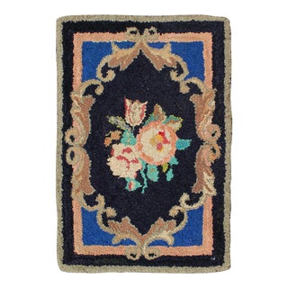 1930s American Hooked Rug With Large Floral Medallion in Black Background For Sale