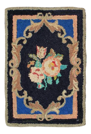 1930s American Hooked Rug With Large Floral Medallion in Black Background