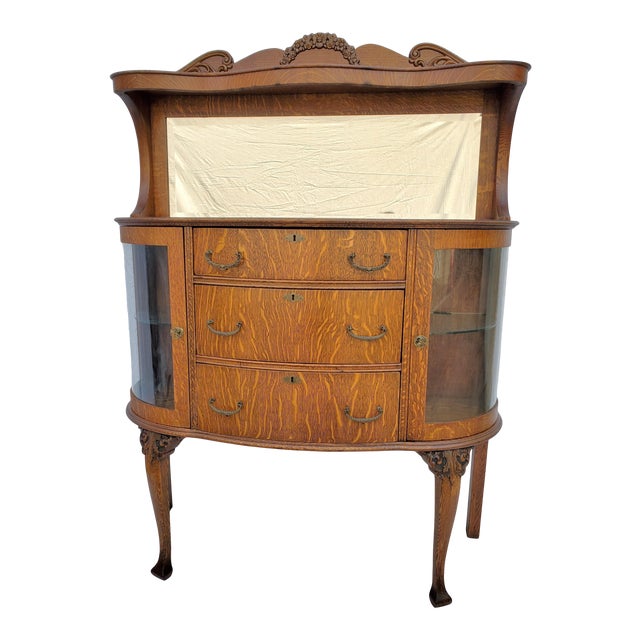 Antique Victorian Tiger Oak Server/Sideboard With Mirror & Bowed Glass