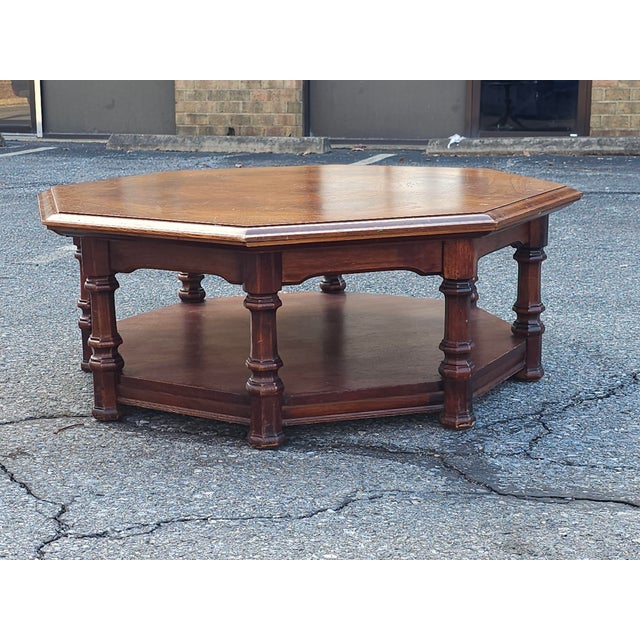 Traditional Late 20th Century Octogonal Bookmatched Burl Fruitwoods Tiered Coffee Table For Sale - Image 3 of 10