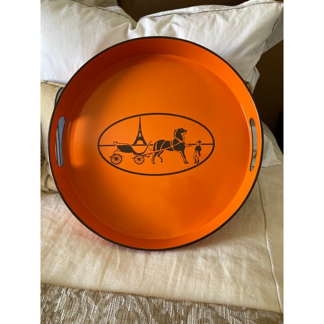 Paint Orange Lacquered Hermes Inspired Bar Tray For Sale - Image 7 of 18