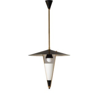 Vintage Italian Pendant Light with Black Saucer Shade and Opaline Glass, 1950s For Sale