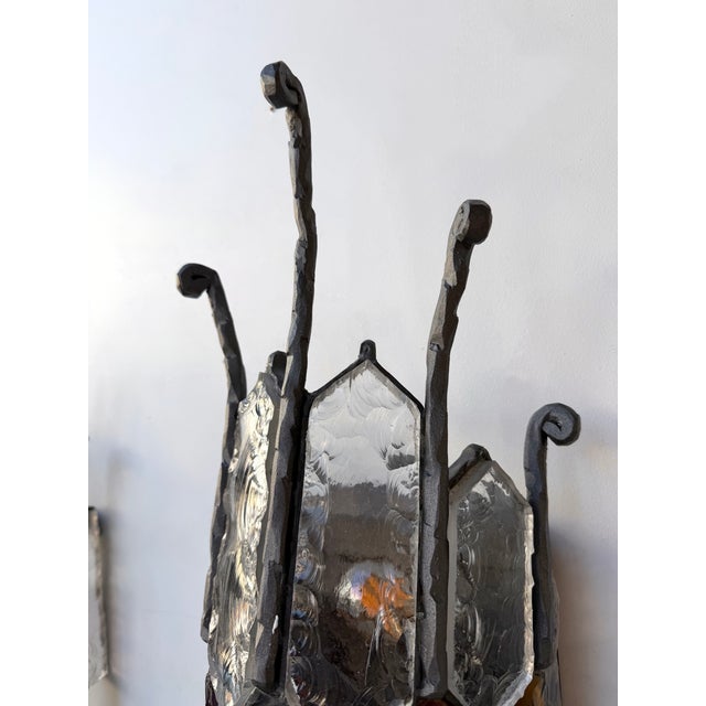 Metal Pair of Hammered Glass Wrought Iron Sconces by Longobard, Italy, 1970s For Sale - Image 7 of 12
