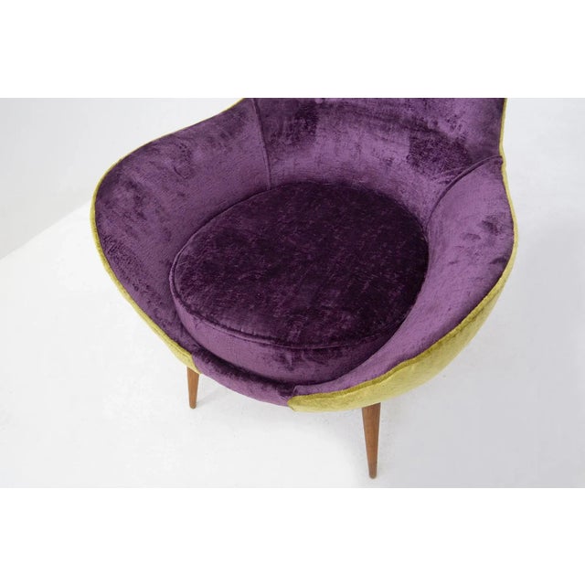 Mid-Century Modern Set of Vintage Wooden Armchairs in Purple and Green Velvet For Sale - Image 3 of 11