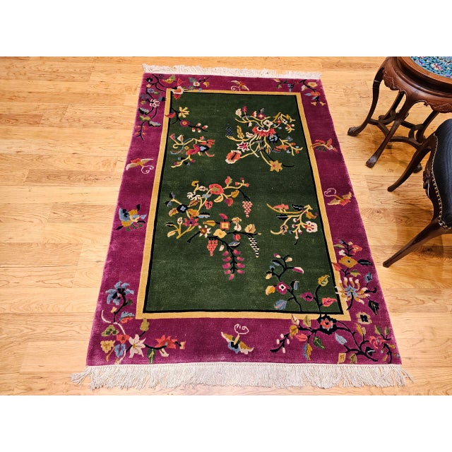Early 20th Century Vintage Chinese Art Deco Rug, Floral Design, Sage Green & Purple, 4' x 6' For Sale - Image 5 of 16
