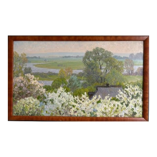 Oil Painting - Flowering Fruit Trees by a River For Sale