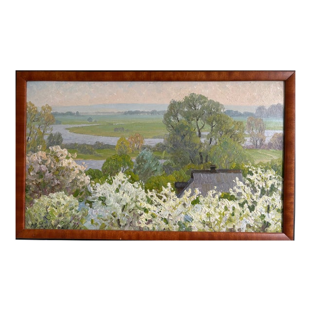 Oil Painting - Flowering Fruit Trees by a River For Sale