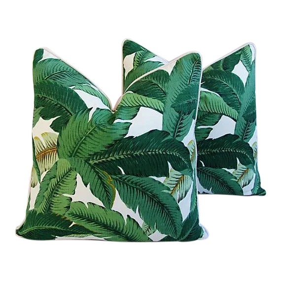 24" Custom Tailored Tropical Lush Banana Leaf Feather/Down Pillows - Pair For Sale