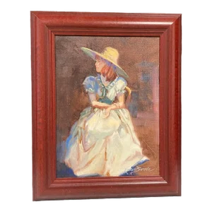 Mid 20th Century Karen Bonnie Oil Painting Girl in Scarlett O'Hara Dress, Framed