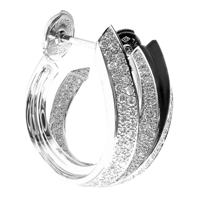 Cartier Panthere 18k White Gold Diamond Onyx Hoop Earrings For Sale