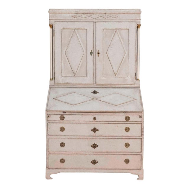 18th Century Fine Swedish three-part bureau with charming carvings and marble-painted columns For Sale