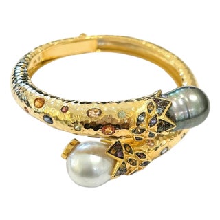 Bochic "Orient" Vintage South Sea Pearl & Sapphire Bangle - 18K Gold & Silver For Sale