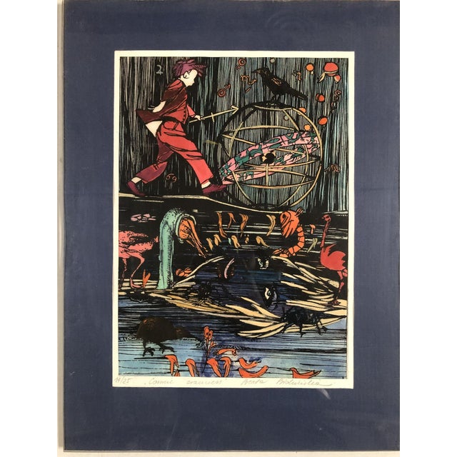 Vintage Abstract hand-colored block prints, Acrylic Mounted, and Matted by Beato P. Set of 4. This set of 4 abstract block...