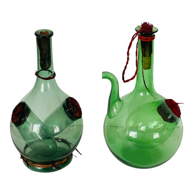 Pair Unique Antique American Vine Bottles Blown Glass For Sale