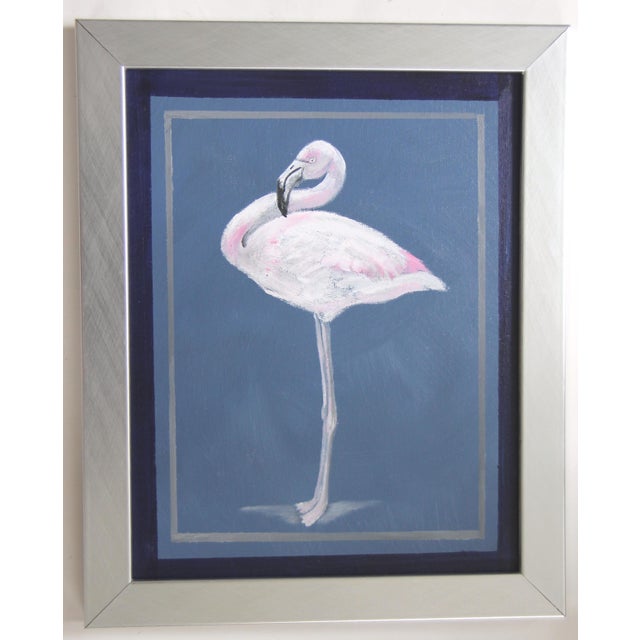 A white flamingo bird in shades of gray blue, white, pink in the style of Audubon, with multiple borders. Minimalism,...