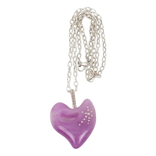 Christian Lacroix Silvered Metal Necklace with Lavender Resin Heart Pendant For Sale