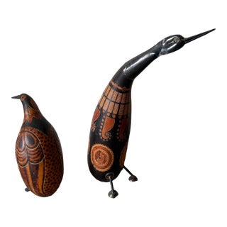 Vintage Peruvian Hand-Carved & Fire-Etched Gourd Bird Sculptures - Pair "Mate Burilado" Hand-Carved Gourd Birds For Sale