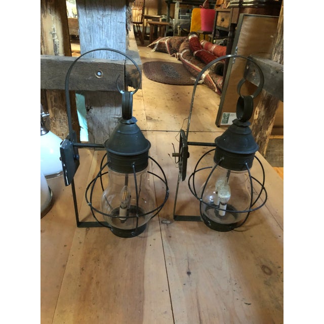 Large Metal Tole and Glass Wall Mounted Lanterns -A Pair For Sale - Image 9 of 13
