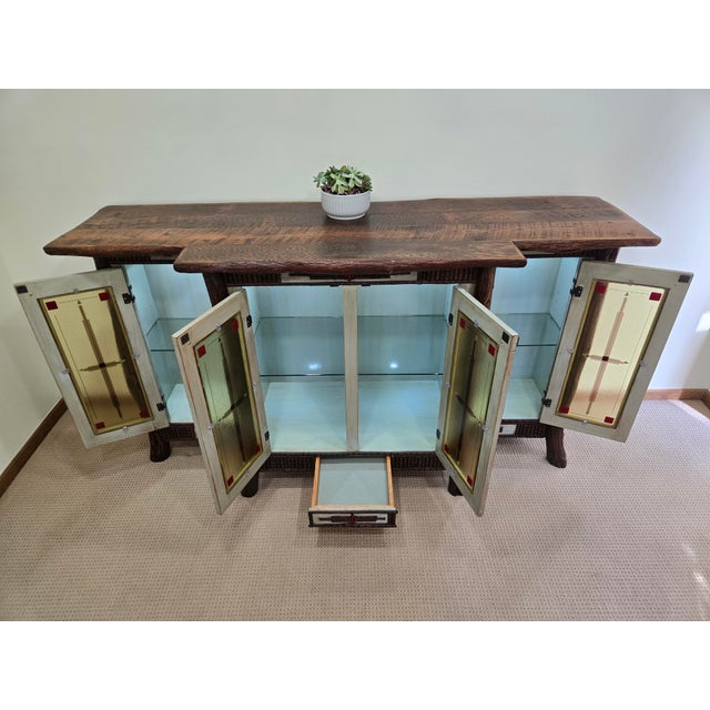 Diane Ross Signed Rustic Breakfront Credenza-Reclaimed Oak & Fused Glass Art For Sale - Image 4 of 18