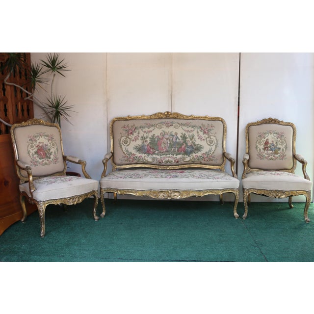 French Antique Set of French Tapestry Gild Carved Gold Wood Arm Chairs Chairs & Sofa For Sale - Image 3 of 18