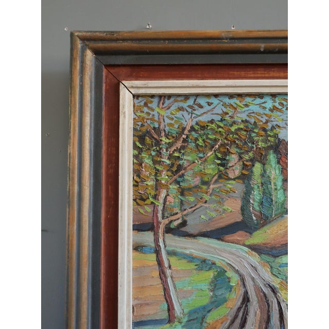 1939 Mid-Century Modern 'The Red Cabin' Vintage Original Expressive Landscape Oil Painting, Framed For Sale - Image 6 of 11