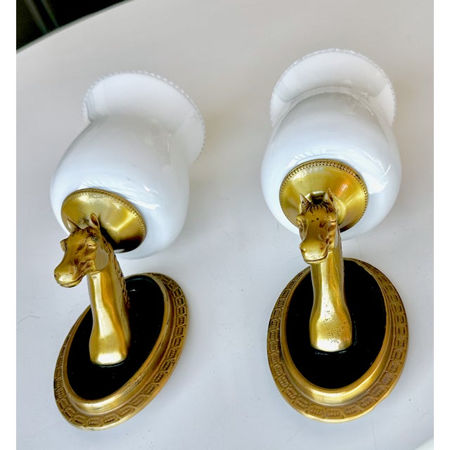 Maison Lancel 1950s French Neoclassical Brass Horse Sconces Opaline Shades by Maison Lancel For Sale - Image 4 of 15
