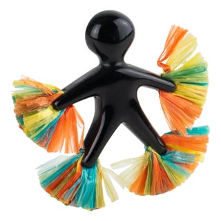 Black Lucite Carved Samba Dancer Figurine Brooch with Colorful Raffia For Sale