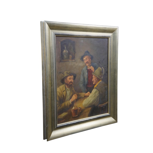 Antique oil on board painting depicting a trio of men in caps with feathers, seated at a rustic tavern table. Signed lower...