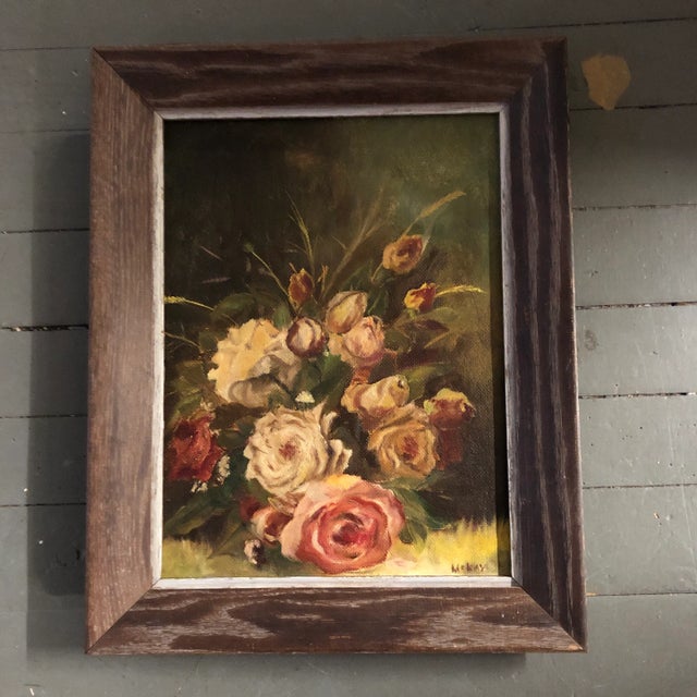 1950s Vintage Original Floral Still Life Painting With Roses Mid-Century Signed Modernist Frame For Sale - Image 5 of 5