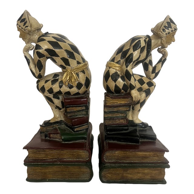 Vintage 1920's's Pair of French Harlequin or Jester Figure Book Ends For Sale