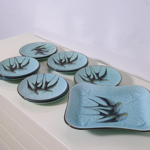 Antique French Turquoise Earthenware Dessert Set, 1890s, Set of 12 For Sale - Image 4 of 18