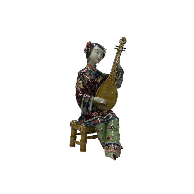 Asian Chinese Porcelain Qing Style Dressing Holding Pipa Lady Figure For Sale - Image 3 of 6