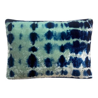 Hand Dyed Silk Velvet Pillow, Jade Green & Indigo Blue Inkblot Abstract Pattern For Sale