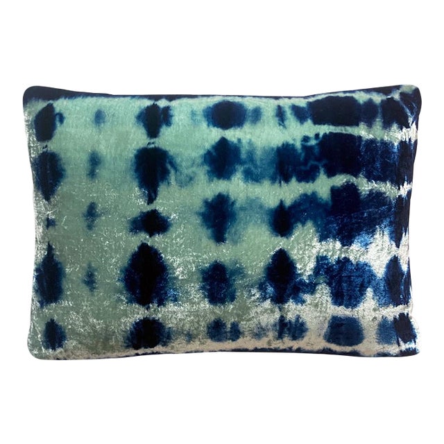 Hand Dyed Silk Velvet Pillow, Jade Green & Indigo Blue Inkblot Abstract Pattern For Sale