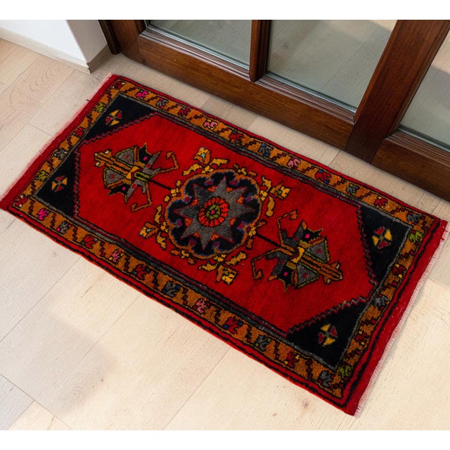 Mid-Century Modern Hand Knotted Small Turkish Rug. Organic Wool 1960's Entryway Decor DoorMat, Accent Rug - 21'' X 42'' For Sale - Image 3 of 12