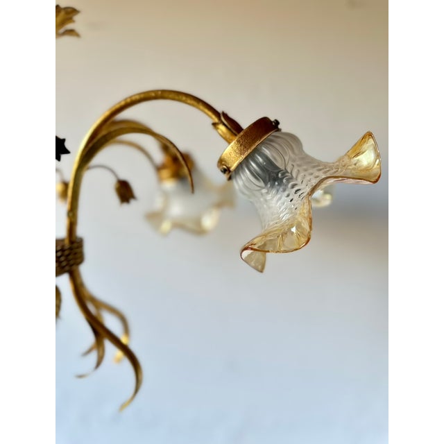 Florentine Style Gilt Metal Chandelier with Amber-Tinted Glass Shades, 1960s For Sale - Image 4 of 13