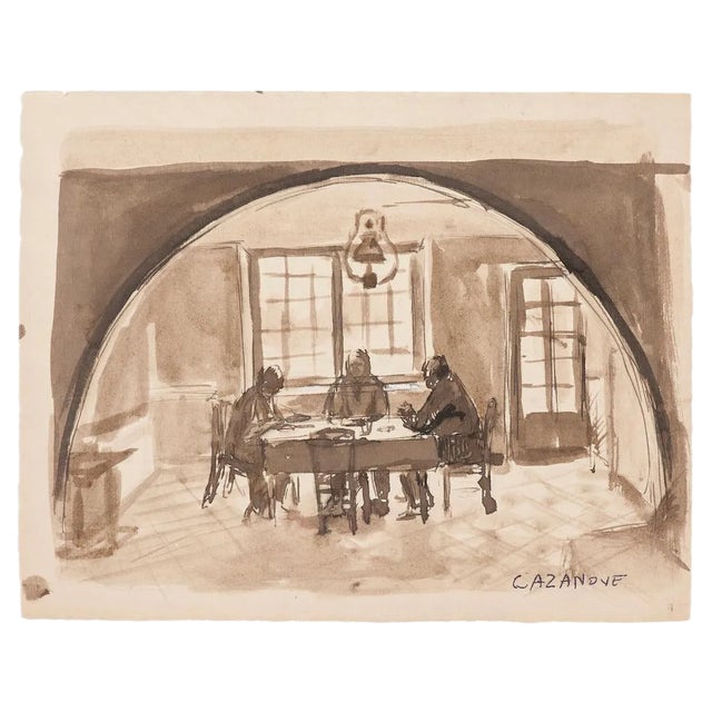 Raymond Cazanove, Interior, Watercolor, Mid-20th Century For Sale