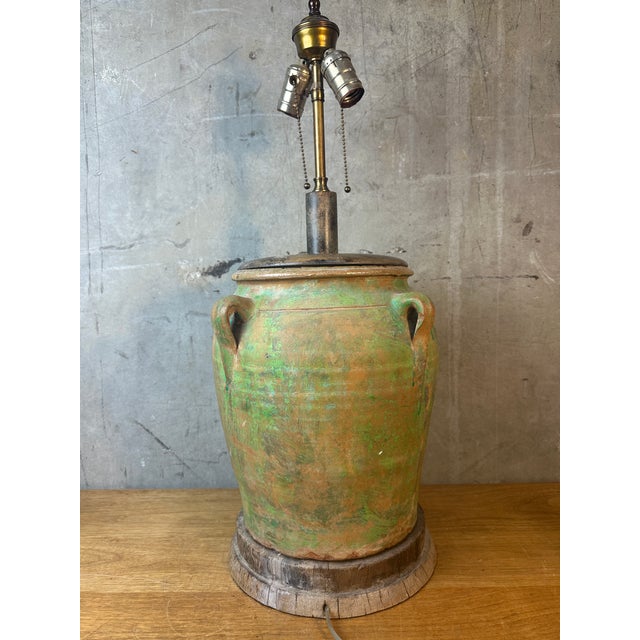 Vintage Rustic Terracotta Olive Jar Table Lamp Green Patina Wood Base For Sale In San Francisco - Image 6 of 11