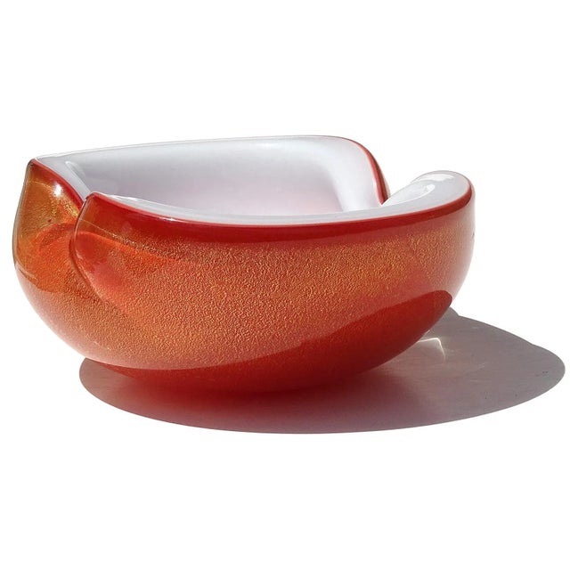 Glass Vintage Murano Barbini Orange White Gold Flecks Italian Art Glass Midcentury Bowl Ashtray Dish For Sale - Image 7 of 9